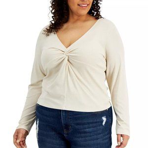 Hippie Rose Women's 1X Plus Size Trendy Twist Front Top Beige